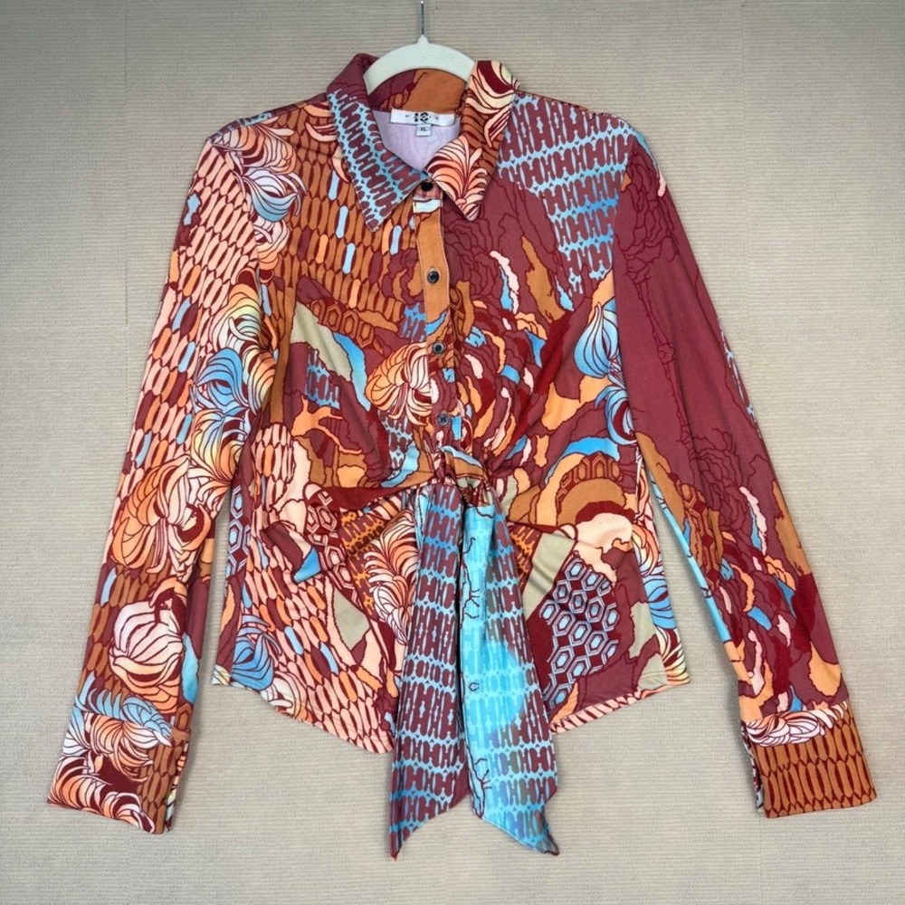 IQ Paris Women Abstract Geometric Floral Print Front Tie Button Down Shirt XL